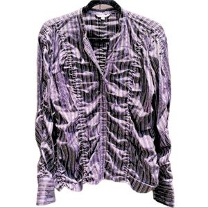 Purple striped long sleeve button top with ruching New!